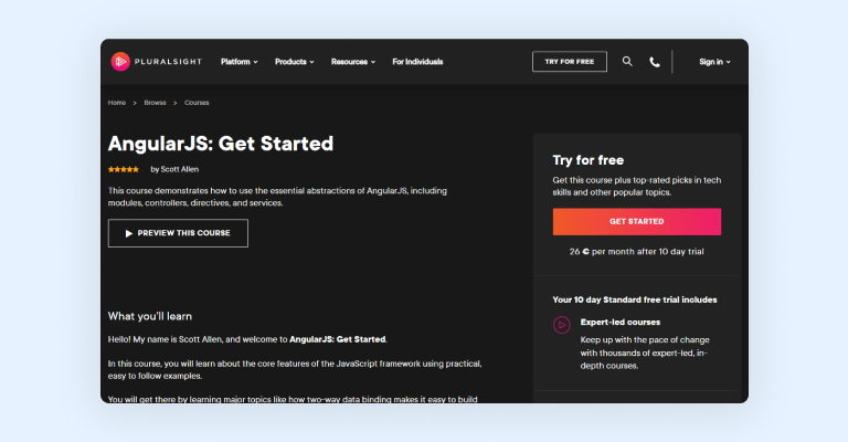 Get started with AngularJS - course on Pluralsight