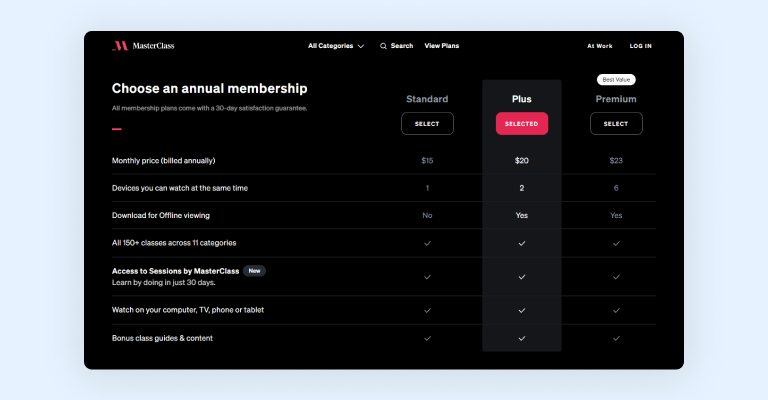 Masterclass pricing