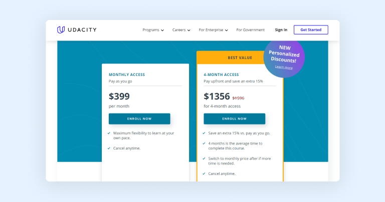 Typical Udacity course pricing