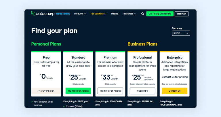 DataCamp pricing page